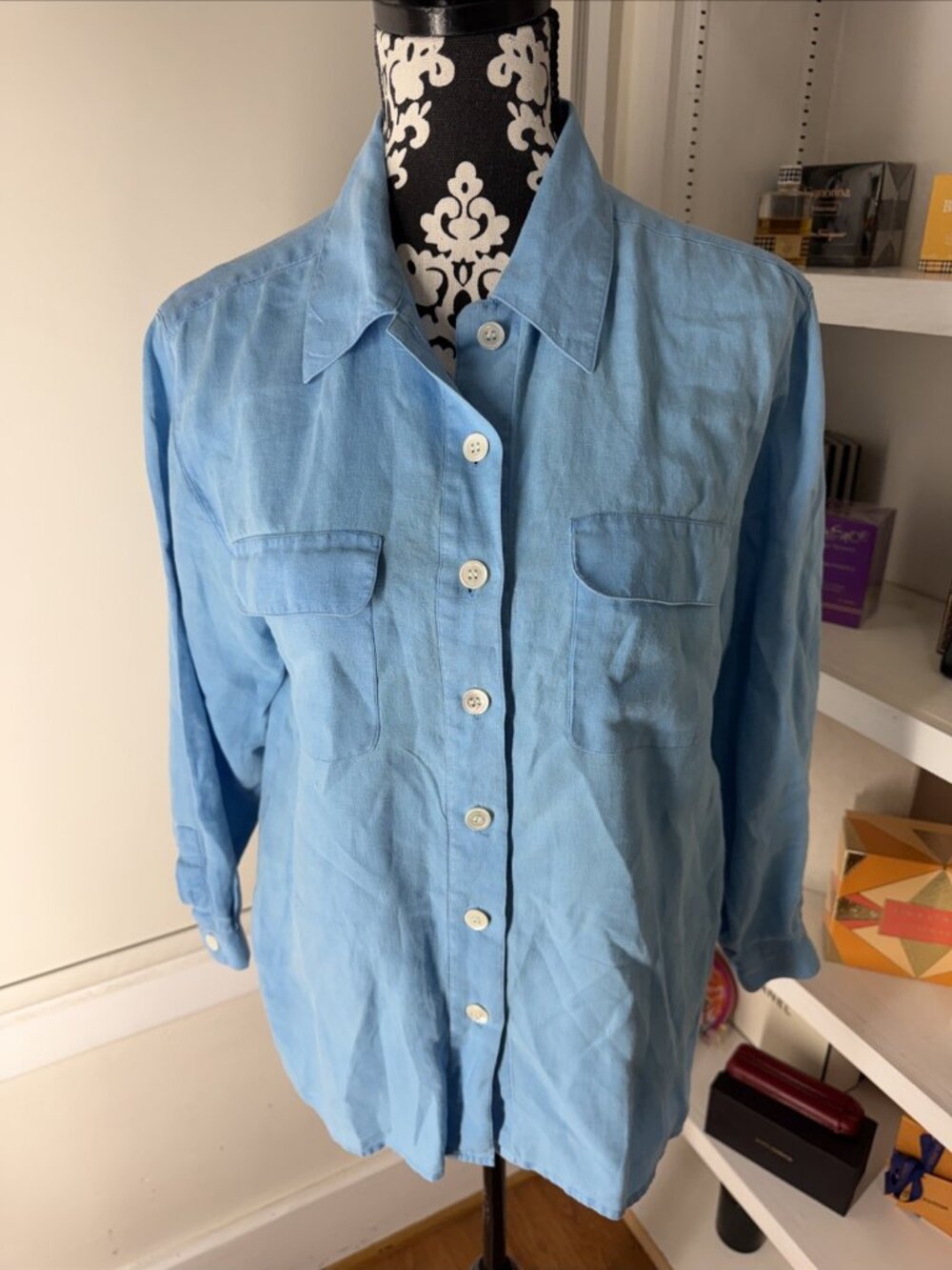 VTG Talbots 100% Linen Shirt Women's Size 12 Petite Blue Long Sleeve Button Up
